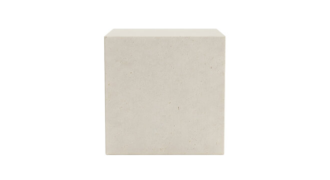 Single Paras Jogja limestone block isolated on transparent background, clean cut cream colored natural stone cube cutout for architectural landscape material design asset.