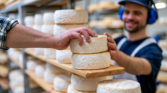 Cheese maker in a luxury stone-vaulted aging cellar turns wheels of maturing curd on wooden shelves, wide establishing shot of hundreds of rounds aging in humidity-controlled rows, artisan dairy, fa
