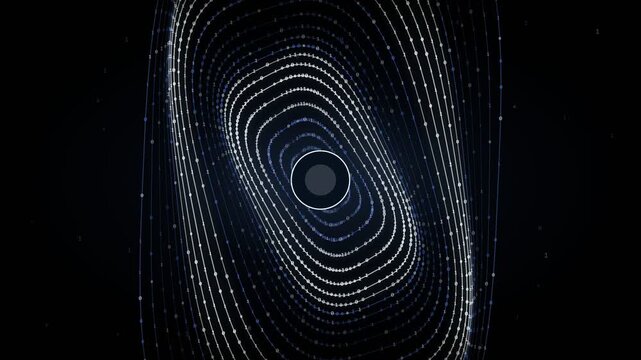 Numerous abstract dotted lines creating beautiful, hypnotic, and symmetrical rings that are endlessly rotating on a dark background, creating a mesmerizing effect perfect for technological themes