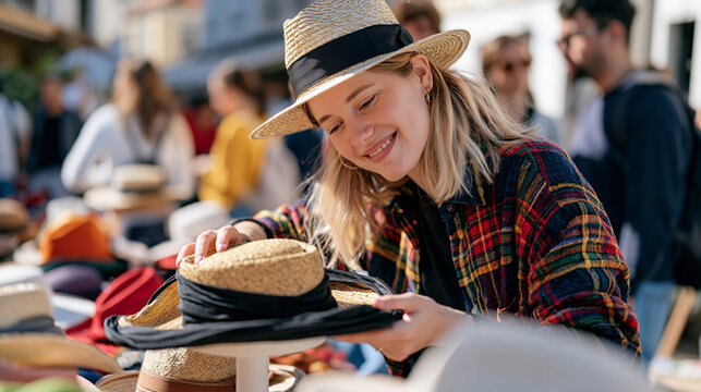 Hat maker adjusts an elaborate brimmed millinery creation on a display stand inside a crowded urban market, solitary craftsman focused amid passing shoppers, handmade fashion, artisan headwear, cout