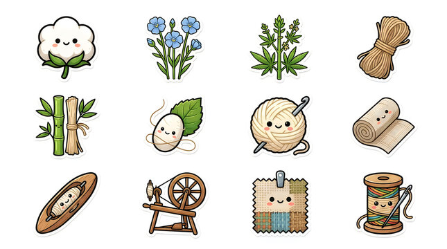 Set of cute textile and raw material icons including cotton flax hemp bamboo silk wool yarn fabric and sewing tools in a hand drawn doodle style