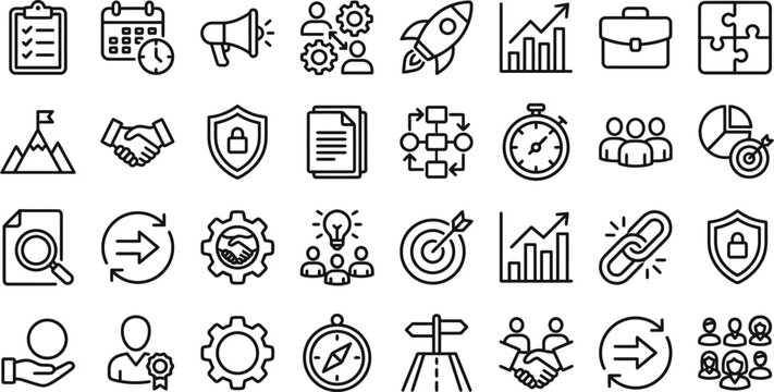 A comprehensive hand drawn business icon set vector bundle featuring various professional symbols for marketing strategy management and corporate growth concepts