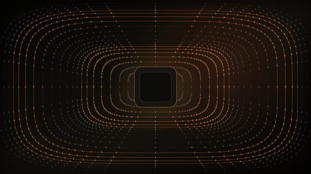Futuristic animation showing glowing binary code flowing along digital pathways toward a central processing unit, representing data processing, big data, and high-tech communication concepts