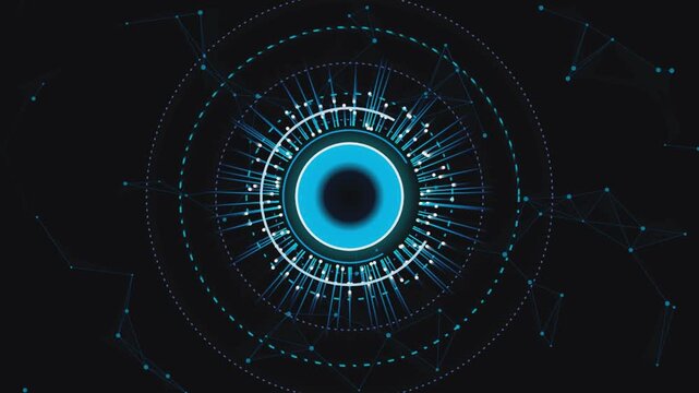 Abstract digital eye pattern with blue glowing concentric circles and particles against dark background