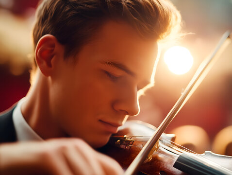 A young violinist performing on the Philharmonic Hall stage under golden lights