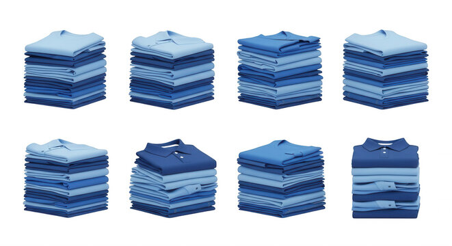 stacked blue polo shirts in assorted shades folded neatly against a white background fashion retail and lifestyle concepts