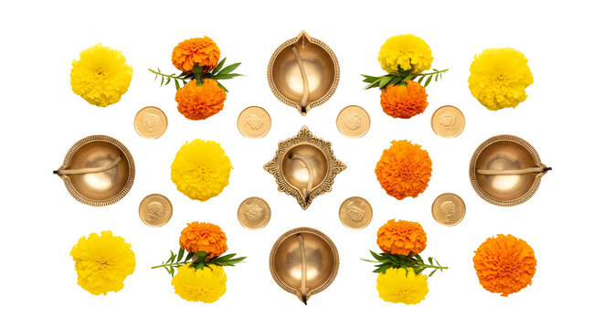 Diwali diya lamps with bright orange and yellow marigold flowers arranged in a festive pattern