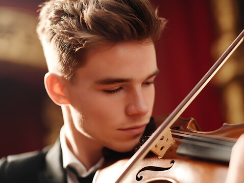 A young violinist performing on the Philharmonic Hall stage under golden lights