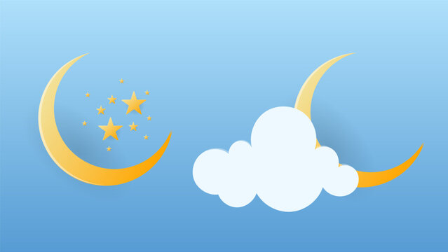 Crescent Moon, Stars and Cloud Night Weather Icons Set in Paper Cut Style