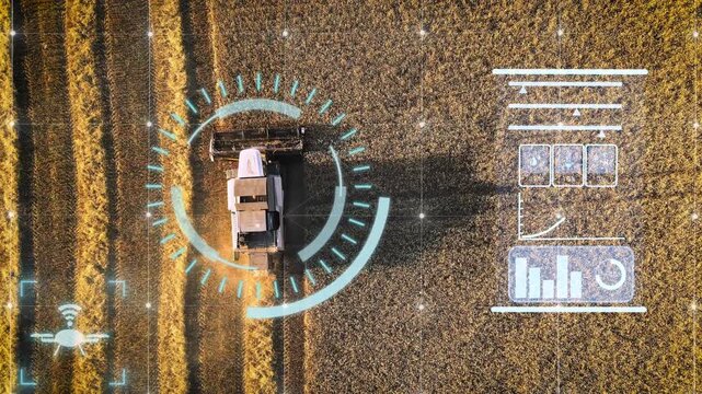 Harvester on field, crops growing efficiency with AI Data analysis technology. Futuristic Agriculture Concept of Computerized, Eco, Sustainable way of Harvesting