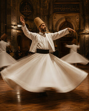 Whirling dervish Sufi dance ceremony with spinning white skirt, Turkey spiritual