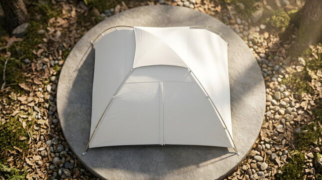 Overhead view of a modern white geodesic dome tent set up on a concrete circular platform in an outdoor forest setting with dappled sunlight.
