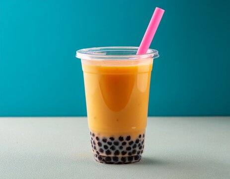 creamy orange beverage with dark tapioca pearls and pink straw