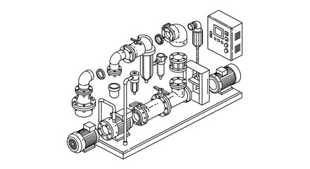 Naklejka premium A technical line art illustration shows an exploded view of a complex industrial piping system with various valves, connectors, and a control unit.