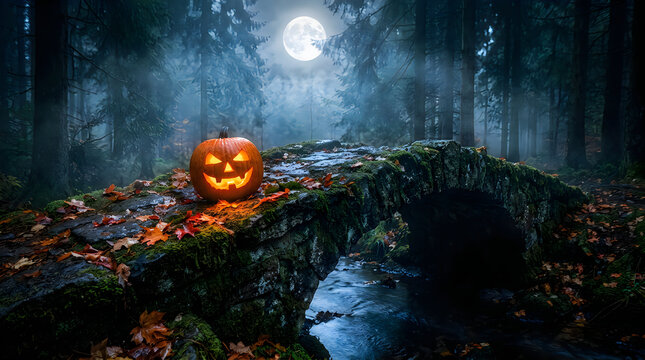 Spooky halloween jack o lantern glowing in a dark misty forest