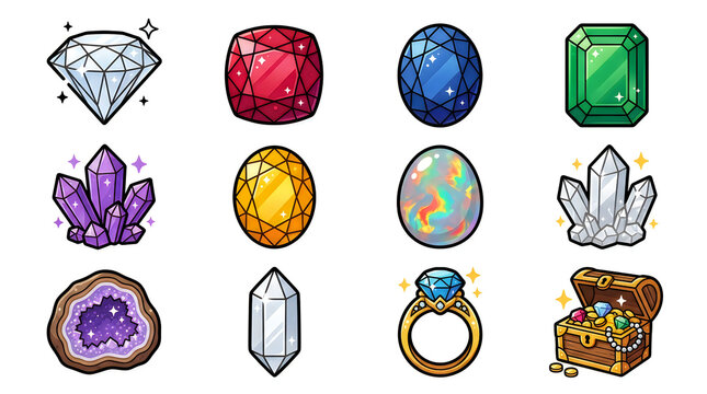 Set of colorful gemstones crystals and jewelry icons