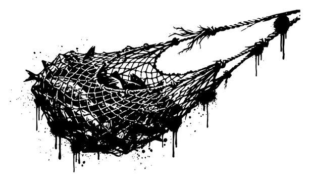 Trawl net full of fish harvest in grunge ink splatter style