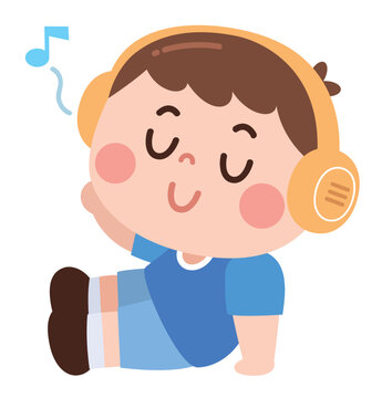Cute Little Boy Listening to Music with Headphones Cartoon Illustration