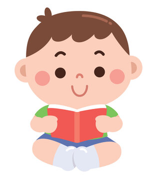 Cute Little Boy Reading a Book Cartoon Education Illustration