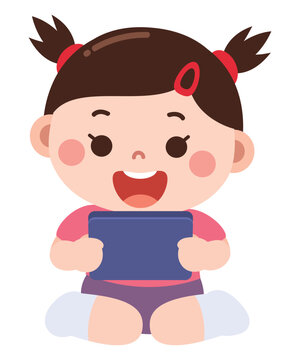 Happy Little Girl Playing Tablet Digital Learning Cartoon Illustration