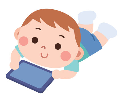 Cute Little Boy Playing Tablet Lying on Floor Cartoon Digital Learning Illustration