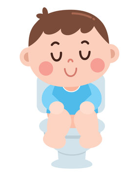Cute Little Boy Sitting on Toilet Potty Training Cartoon Illustration
