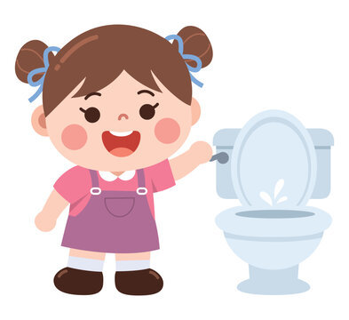 Little Girl Learning to Flush the Toilet After Use Cartoon Hygiene Illustration