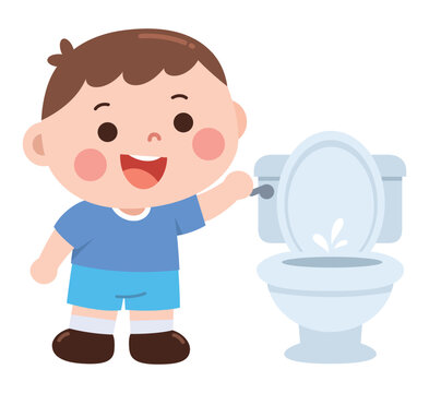 Little Boy Learning to Flush the Toilet After Use Cartoon Hygiene Illustration