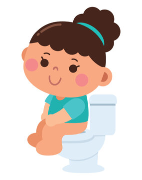 Cute Little Girl Sitting on Toilet for Potty Training Cartoon Illustration
