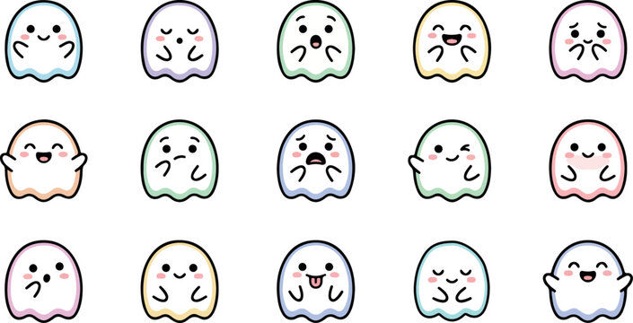 Cute Ghost Emoji Vector Set with Various Emotions for Halloween Design