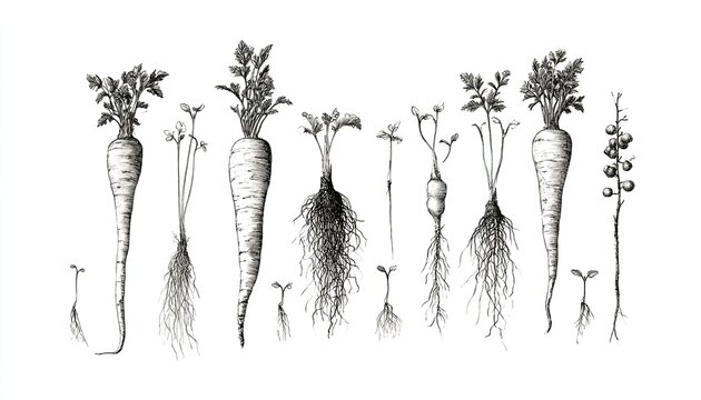 Vintage Botanical Illustration of Various Root Vegetables and Plants.