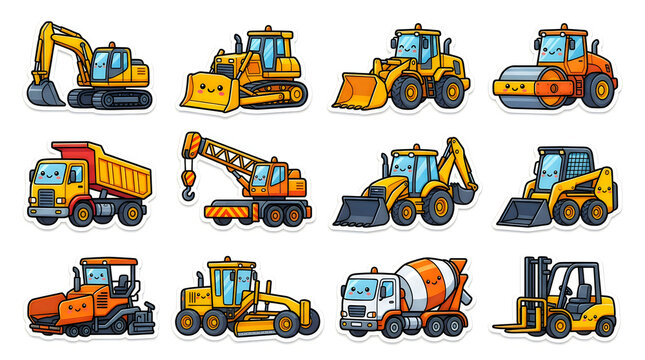 Set of colorful construction vehicles and heavy machinery icons including excavator dump truck crane and tractor for building and road work projects