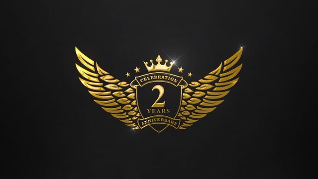 4k Golden 2 Years Anniversary Celebration Logo with Wings and Crown on Black Background