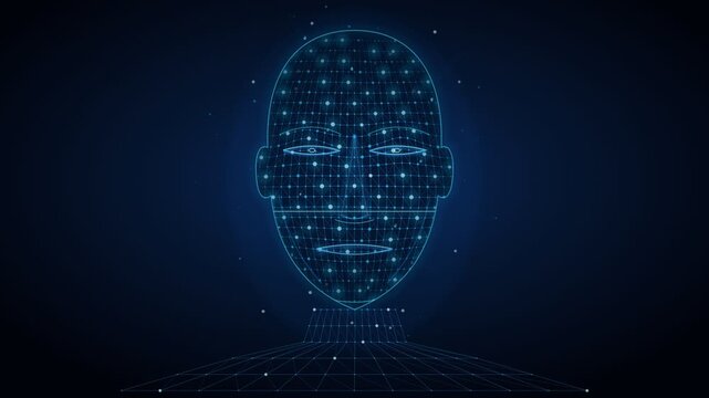 Abstract digital human face with lines and dots representing artificial intelligence, machine learning, and futuristic facial recognition systems on a deep blue technological background
