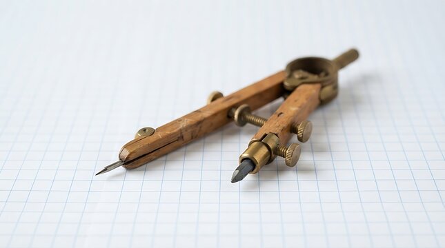 Vintage wooden drafting compass with brass hardware resting on a white grid paper background, close-up view of technical tool
