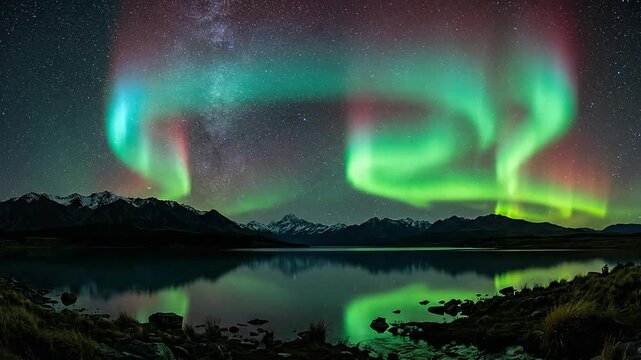 Vibrant aurora borealis lights glow over a reflective mountain lake