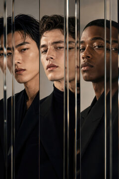 Three stylish men of Asian, white, and Black ethnicity in mirrors.