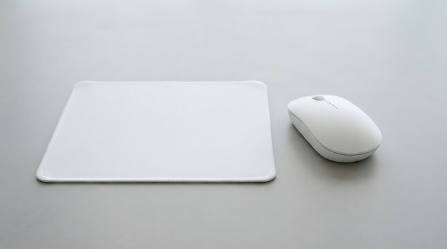 White computer mouse and empty rectangular mouse pad on a light gray surface, minimalist office desk setup accessory