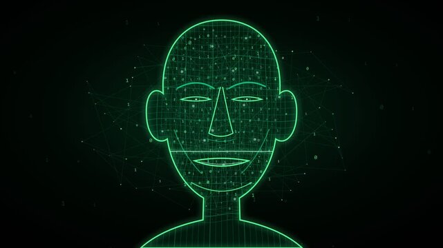 Digital animation of a green glowing humanoid head with binary code and plexus networks inside, representing artificial intelligence, machine learning, and biometric scanning on a black background