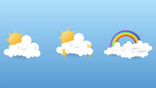 Weather Icons Set with Sun, Clouds, Lightning and Rainbow in Paper Cut Style