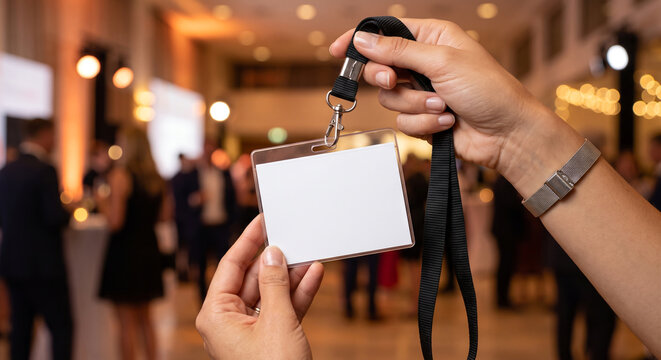 Event organizer holding blank identification badge on lanyard at crowded venue lobby.