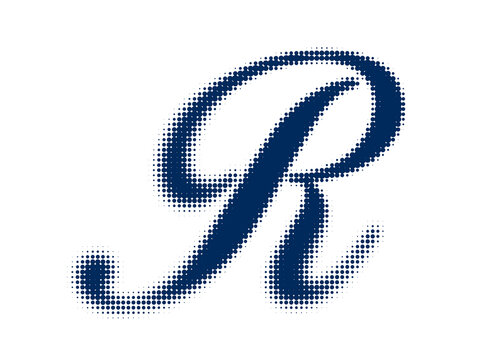 Elegant Cursive Letter R Design with Navy Blue Halftone Dot Pattern Isolated on White Background