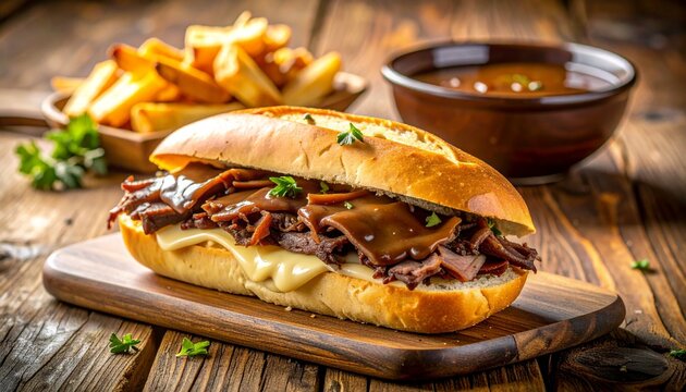 A classic French Dip sandwich filled with thinly sliced roast beef, melted provolone cheese, served on a toasted French roll with a rich bowl of hot au jus for dipping