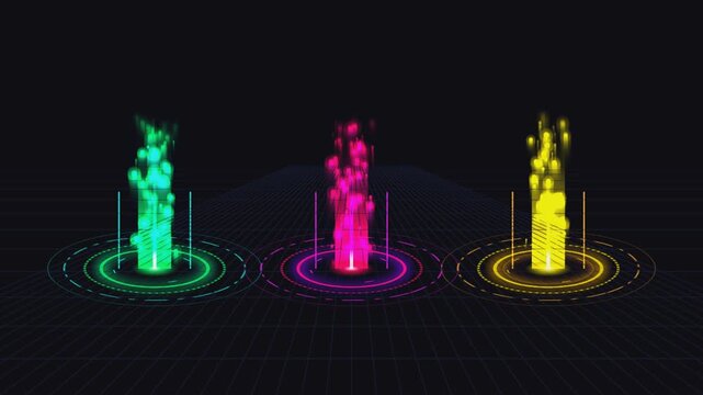 Abstract glowing particles rising in colorful ethereal columns against a dark background