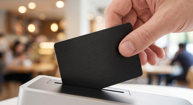 Person inserting metal credit card into terminal payment machine at modern checkout.