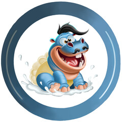 Obraz premium Round plate design with a cute blue hippo character, dumplings, potatoes, and dill, children's tableware illustration.