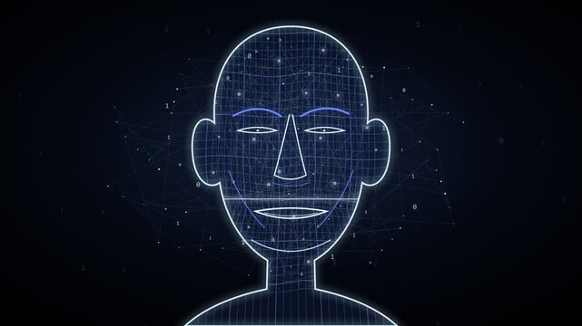 Futuristic digital animation of a human head being scanned for facial recognition, showing a complex neural network and binary code, representing artificial intelligence and data processing