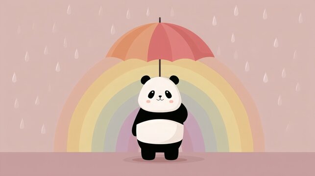 A cute panda bear stands under a colorful umbrella in the rain, with a rainbow in the background on a pastel pink scene making a whical illustration.