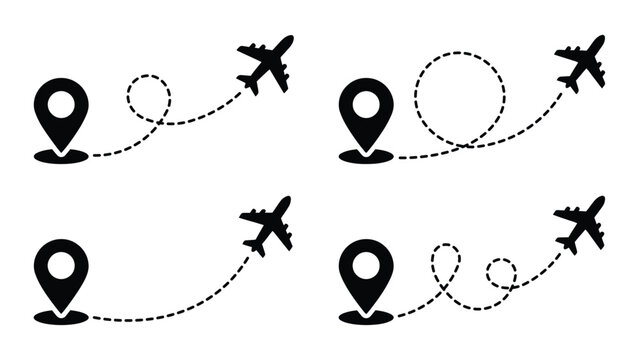 Airplane Flight Path and Location Pin Icon Set Featuring Aviation Route Travel Navigation Destination Journey Map Tracking Air Travel Symbols in Outline and Solid Styles Isolated on White