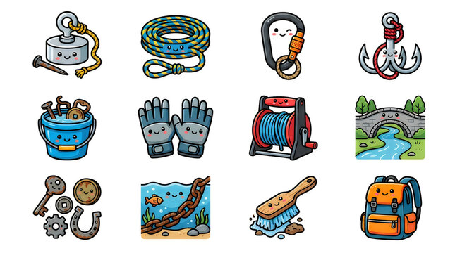 Set of cute cartoon magnet fishing and adventure equipment icons with rope carabiner hook bucket gloves and backpack